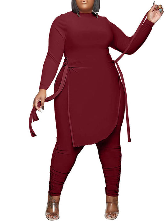 Irregular Hem Slit Tops & Ruched Bodycon Long Pants