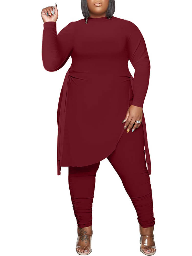 Irregular Hem Slit Tops & Ruched Bodycon Long Pants