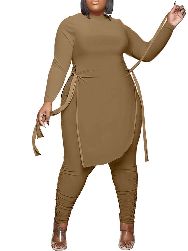 Irregular Hem Slit Tops & Ruched Bodycon Long Pants