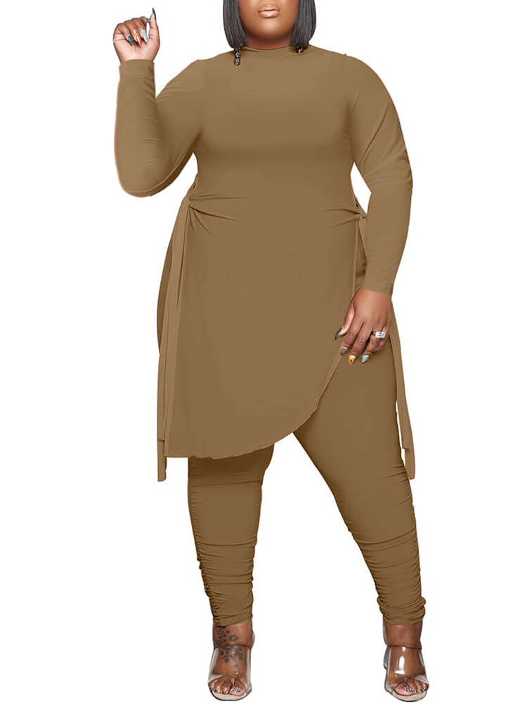 Irregular Hem Slit Tops & Ruched Bodycon Long Pants