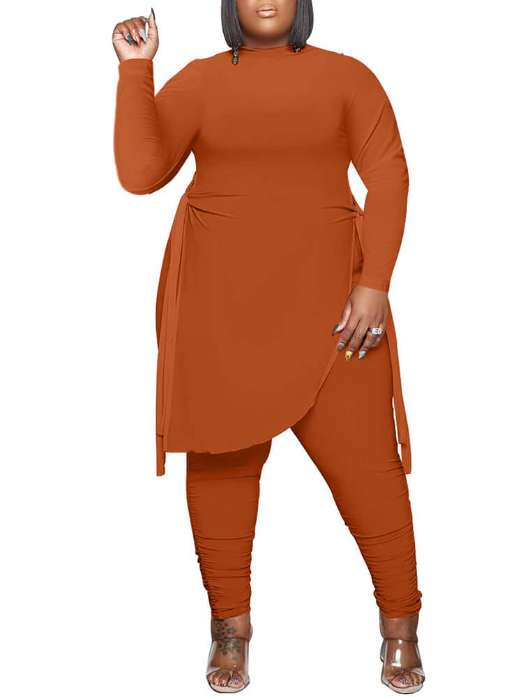 Irregular Hem Slit Tops & Ruched Bodycon Long Pants