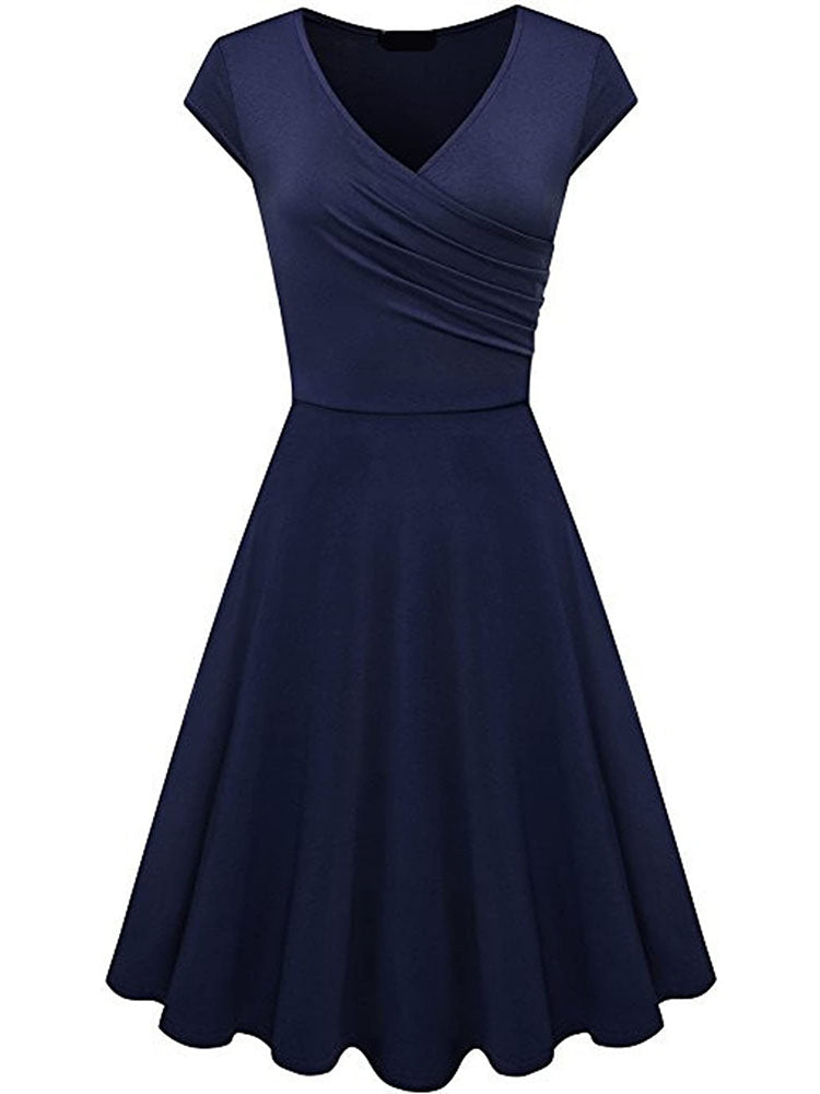 V Neck Pleated Short Sleeve Dresses
