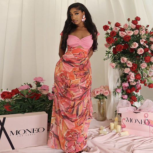 Strapless printed hollowed-out high-waist dress