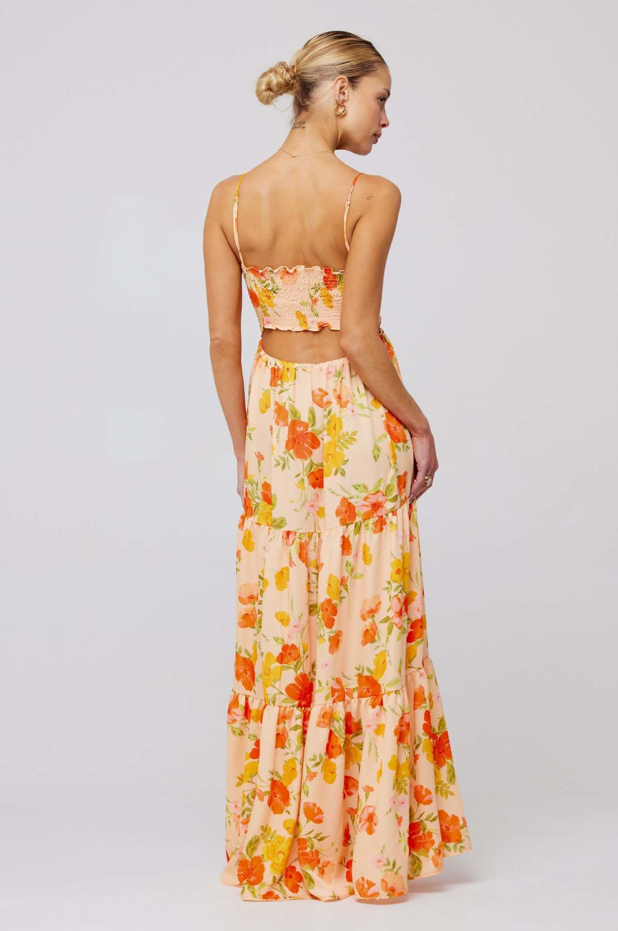 Hanging Neck Printed Floral Design Backless Straight Maxi Dress