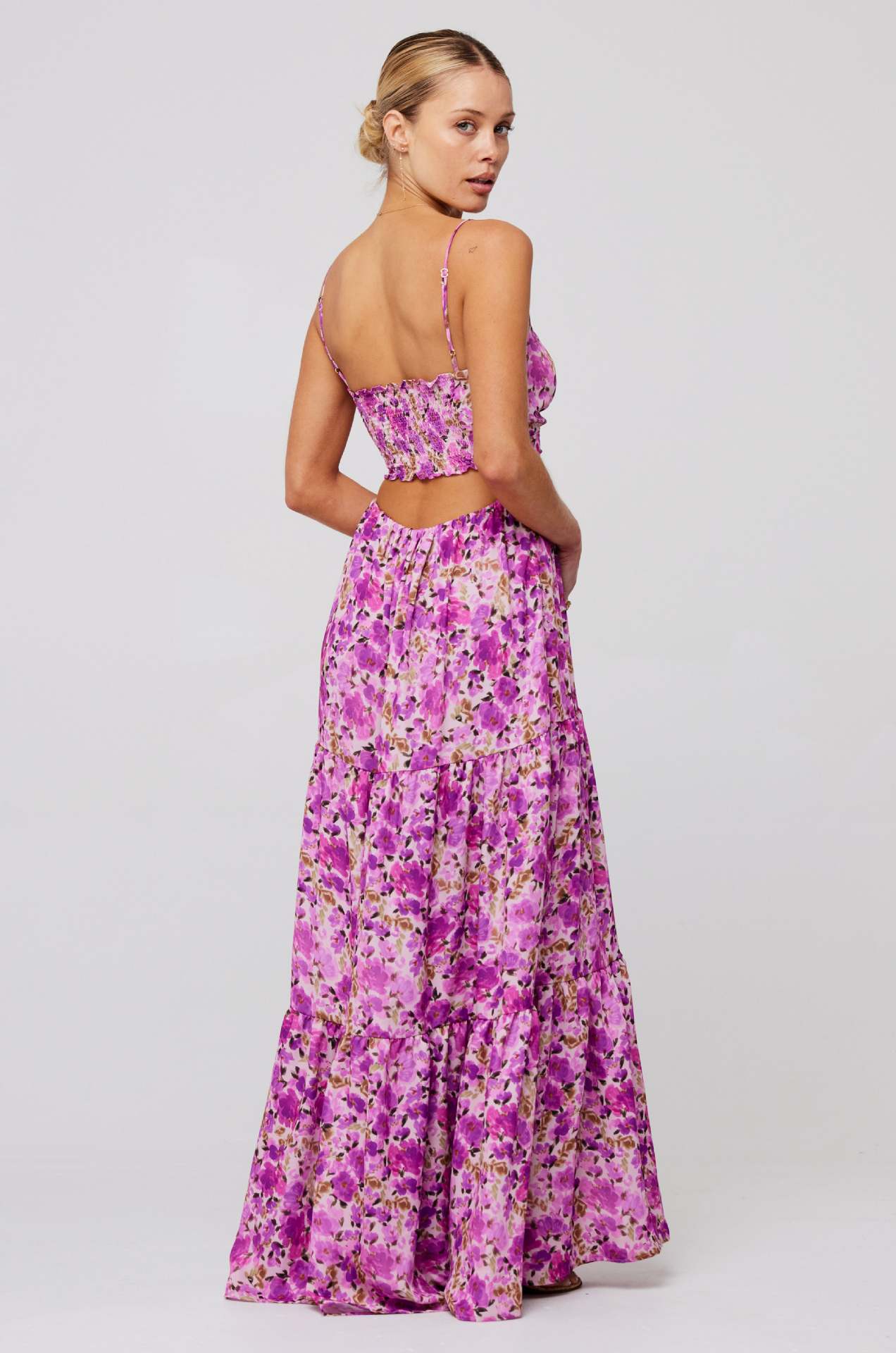Hanging Neck Printed Floral Design Backless Straight Maxi Dress