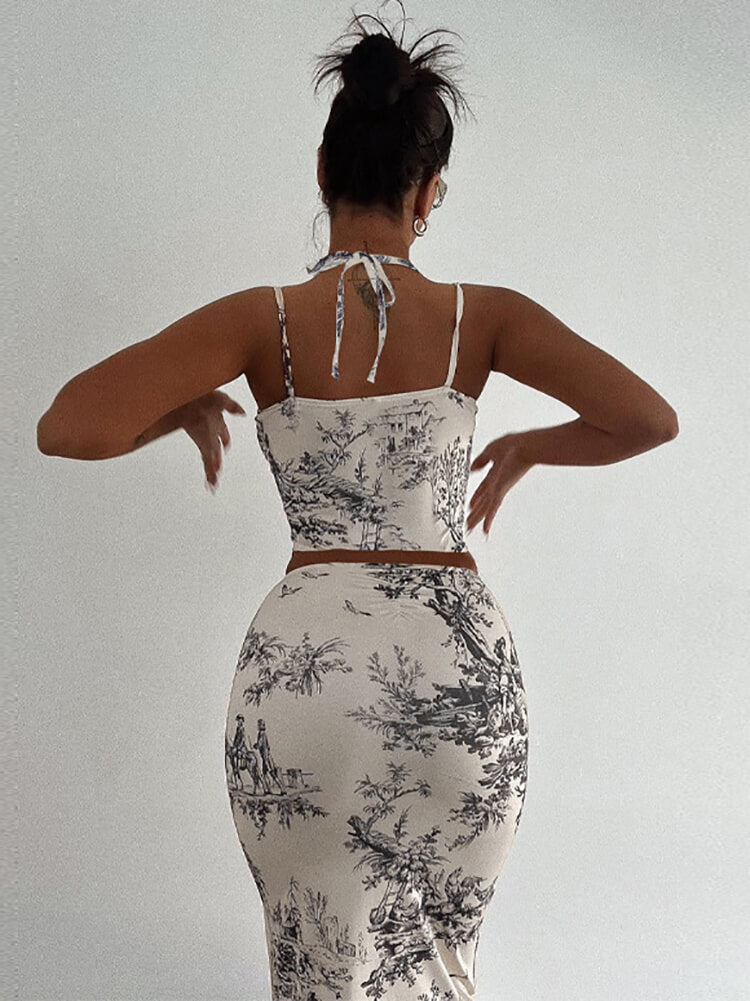 Vintage Floral Print Tops & Midi Skirt Set