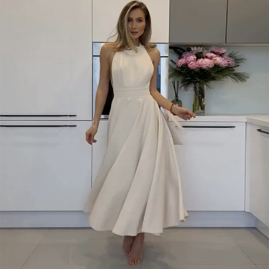 Halter neck tie solid color high waist slim dress