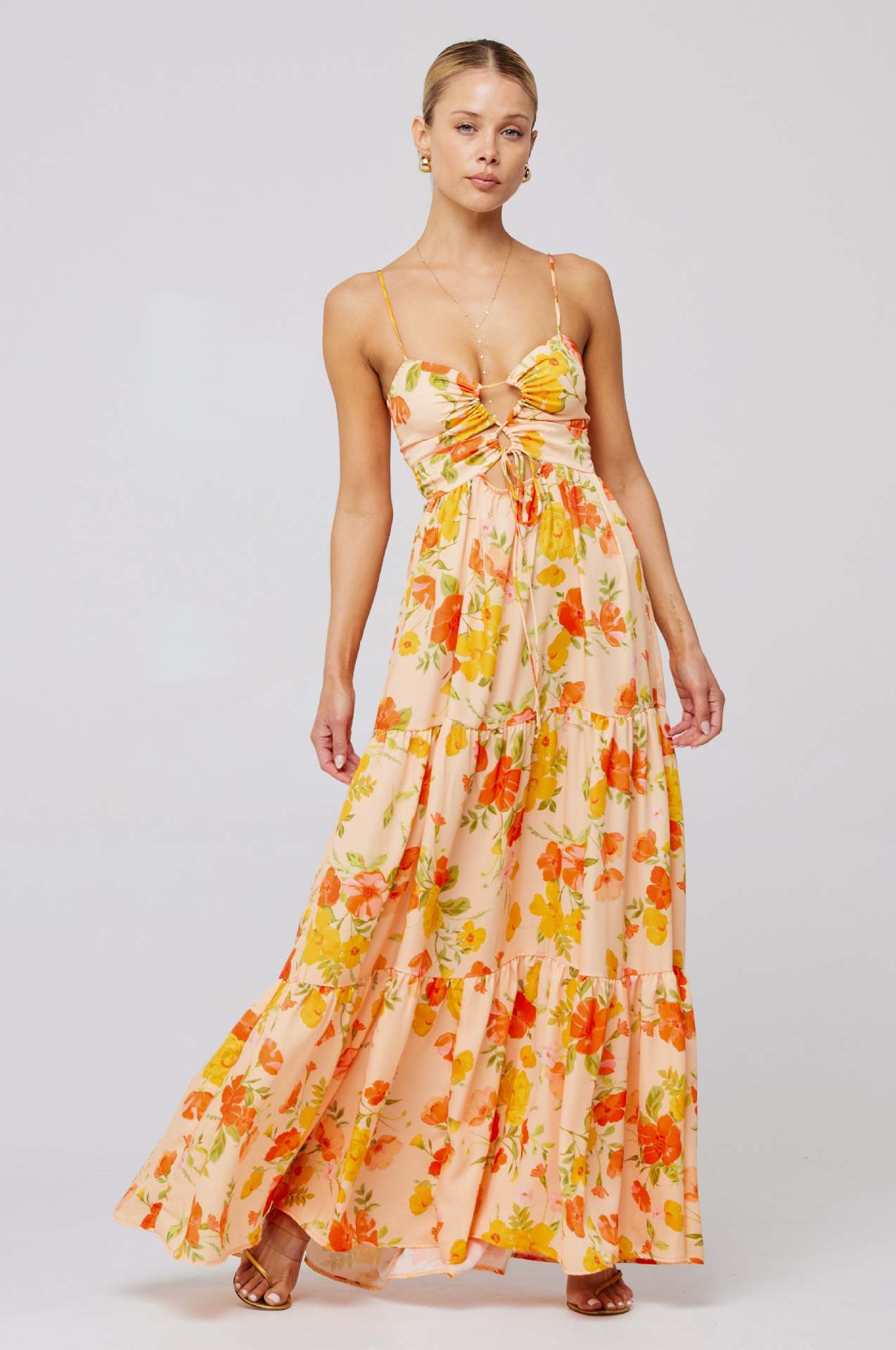 Hanging Neck Printed Floral Design Backless Straight Maxi Dress