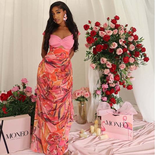 Strapless Printed Hollow Slim High Waist Maxi Dress