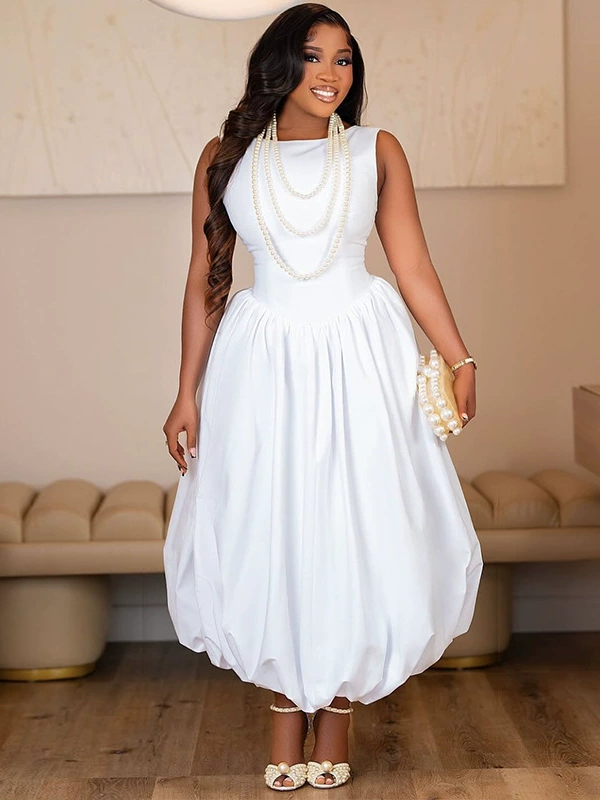 MIXED BALLOON MIDI DRESS WHITE
