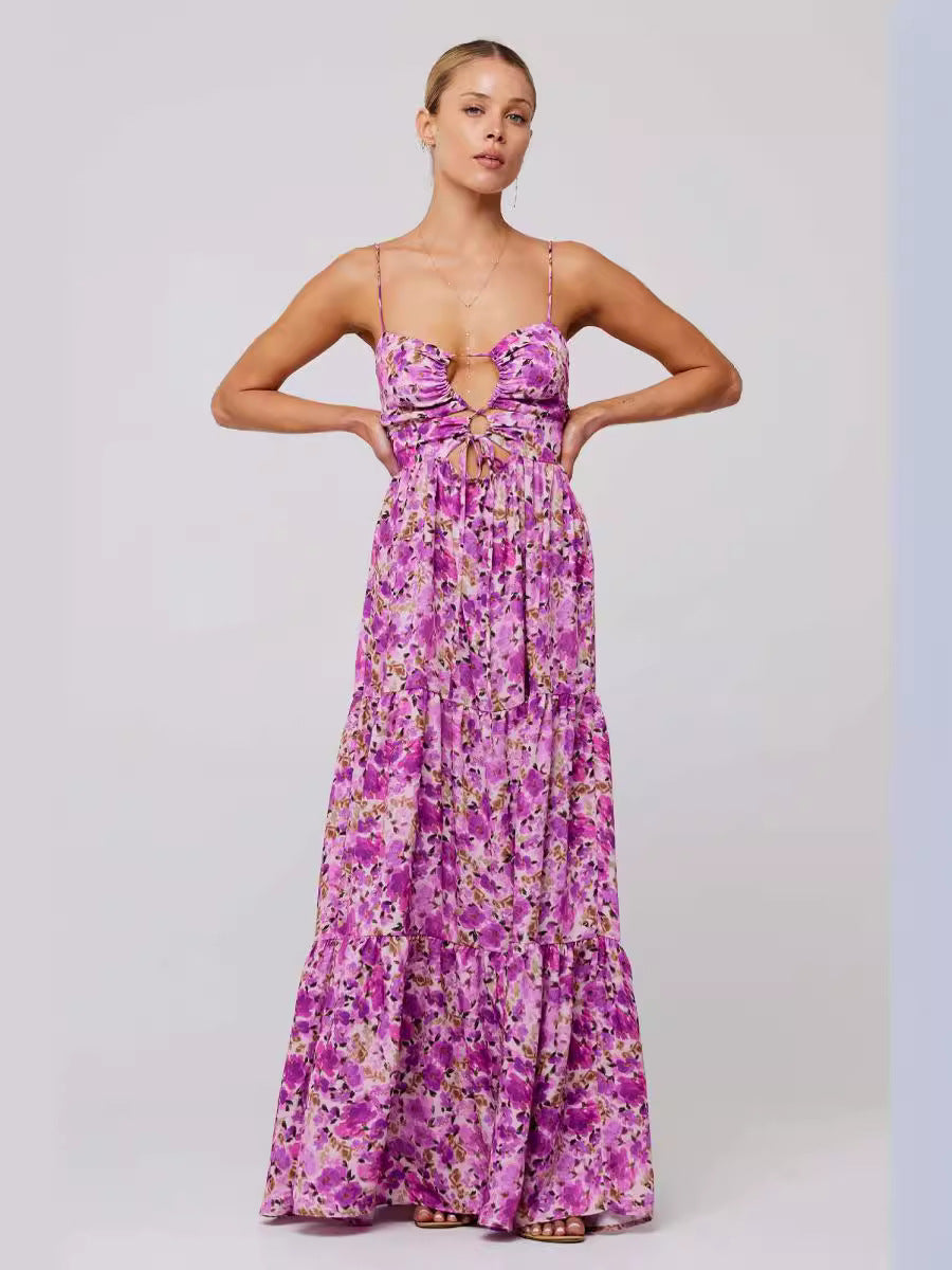 Hanging Neck Printed Floral Design Backless Straight Maxi Dress