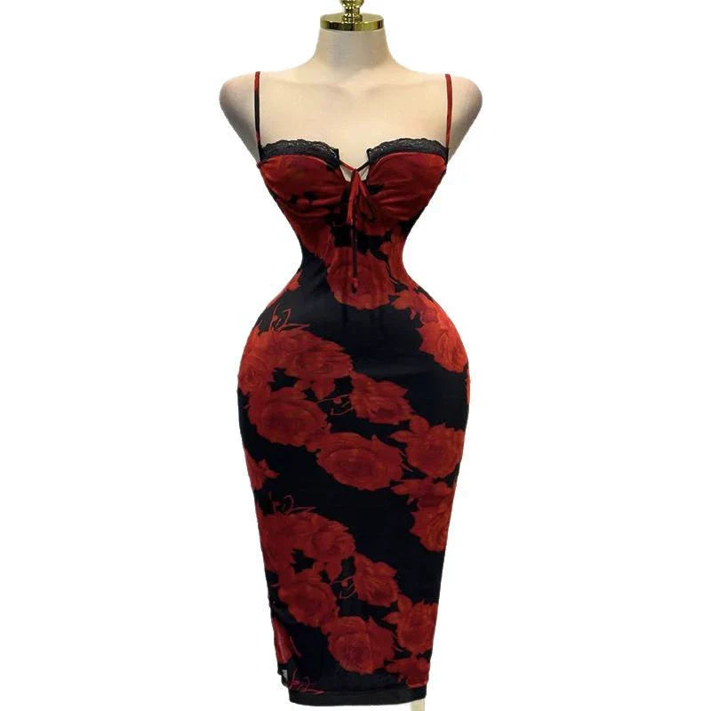 Lace suspender U-neck slim fit printed hip dress