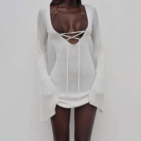 Hollow V-neck tie-flared sleeve knitted dress