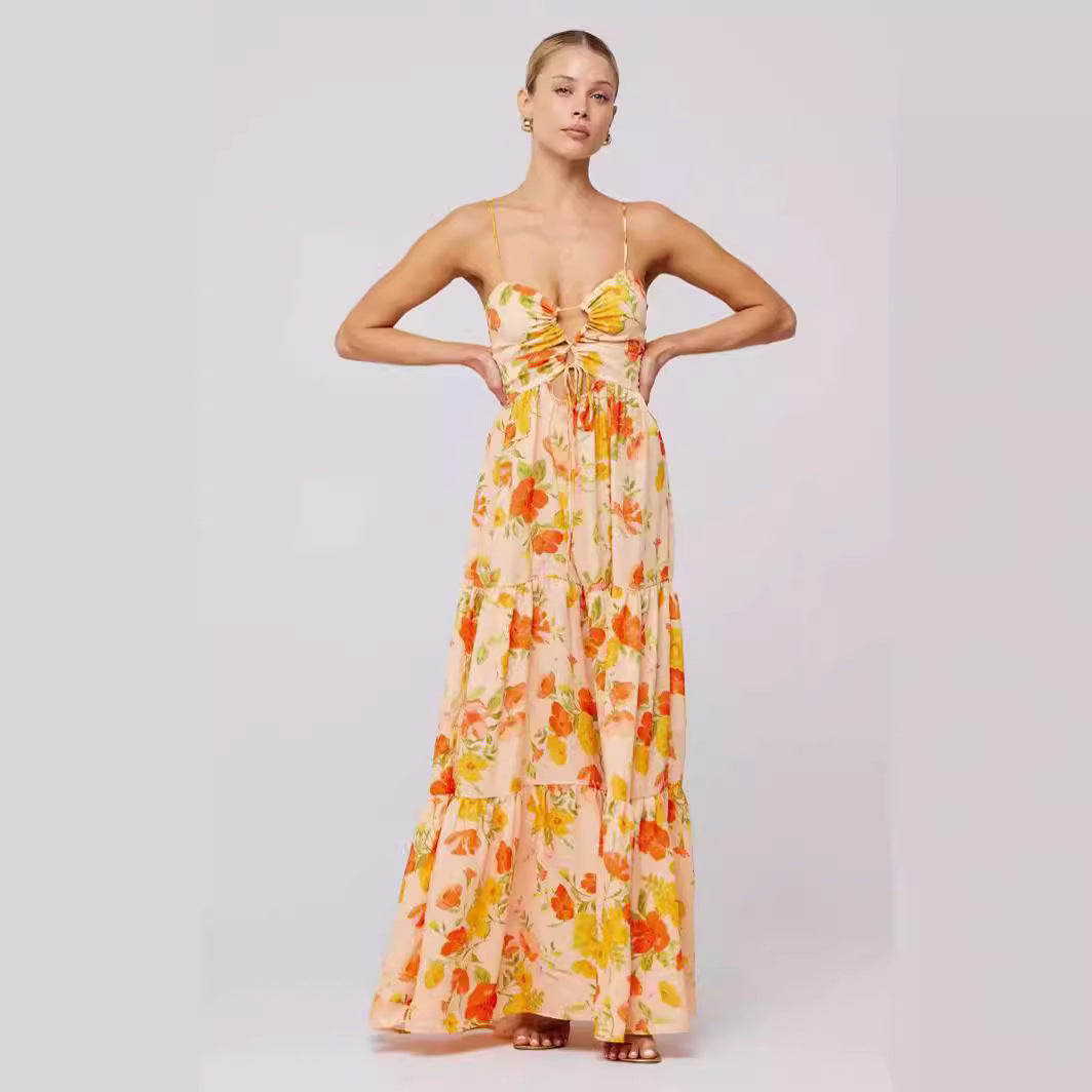 Hanging Neck Printed Floral Design Backless Straight Maxi Dress