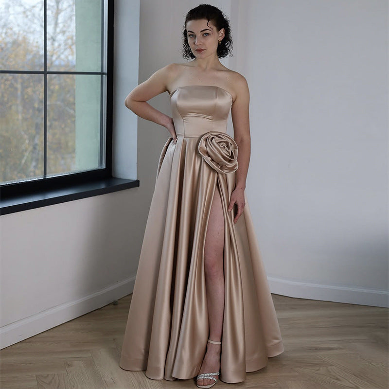 Strapless 3D Flower High Waist Slit Dress