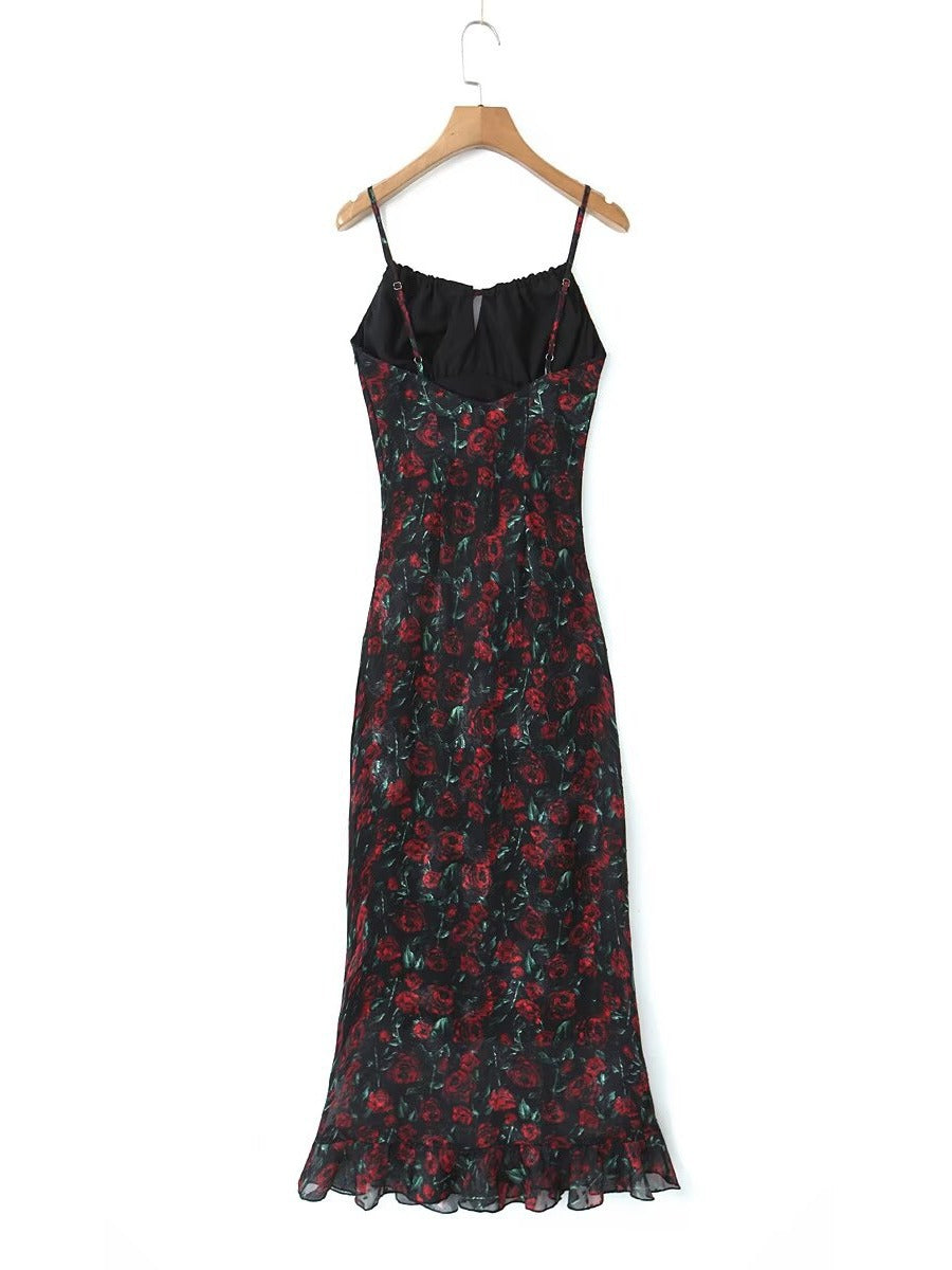 Vintage Satin Rose Print Sexy V-Neck Slit Maxi Dress