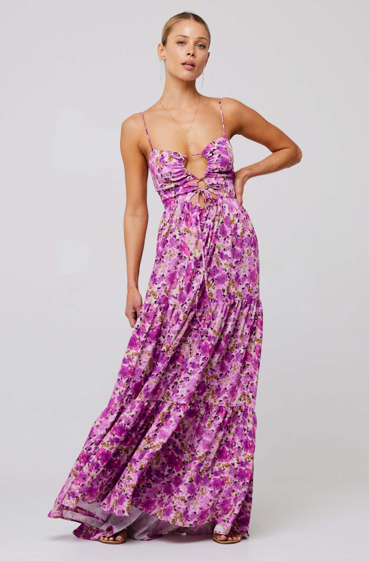 Hanging Neck Printed Floral Design Backless Straight Maxi Dress