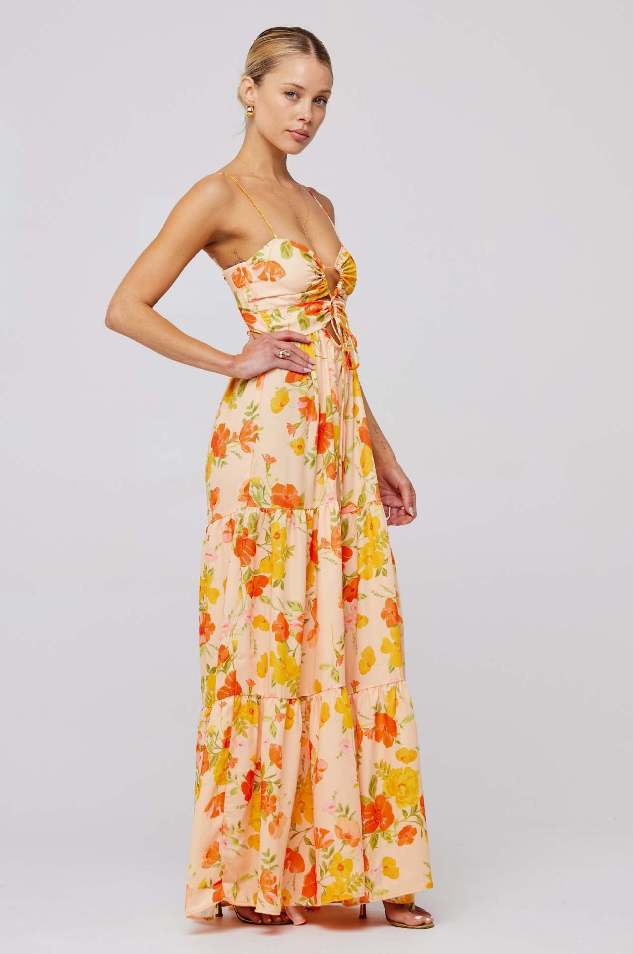 Hanging Neck Printed Floral Design Backless Straight Maxi Dress