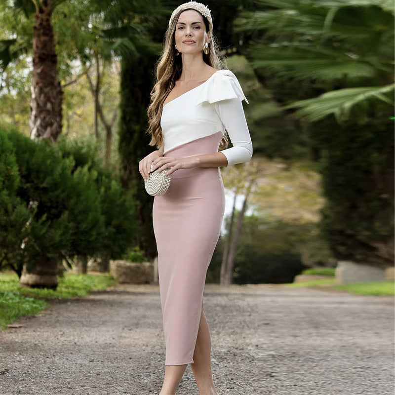 Slant Collar Color-Blocked Bow Hip Dress