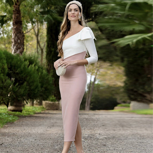 Slant Collar Color-Blocked Bow Hip Dress