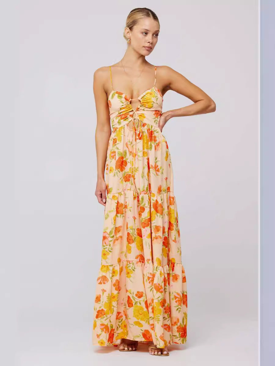 Hanging Neck Printed Floral Design Backless Straight Maxi Dress