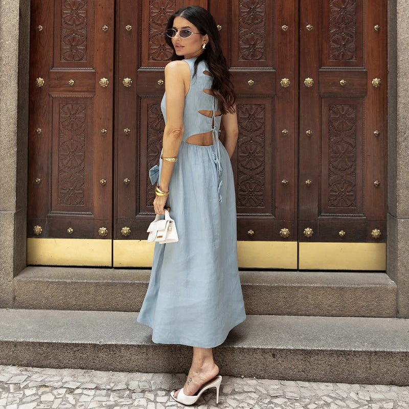 Sleeveless Bow Tie High Waist Maxi Dress