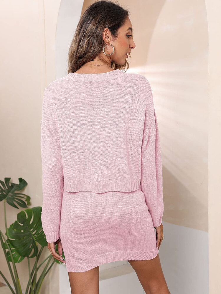 Long Sleeve Jacquard Cardigan Mini Skirt Suits