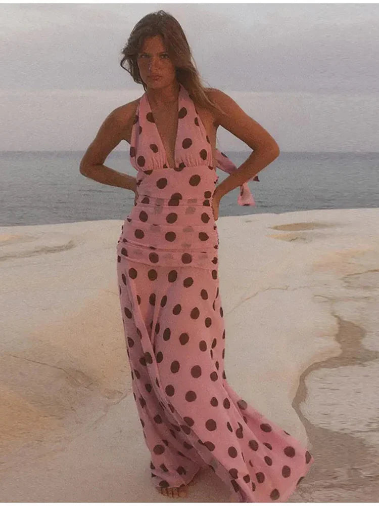 Pink Polka Dot Halter Dress | Backless Summer Maxi
