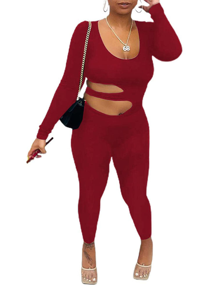 Long Sleeve Bodycon Hollow Out Jumpsuits