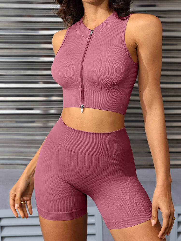 Two Piece Zipper Tank Top High Waist Shorts Set