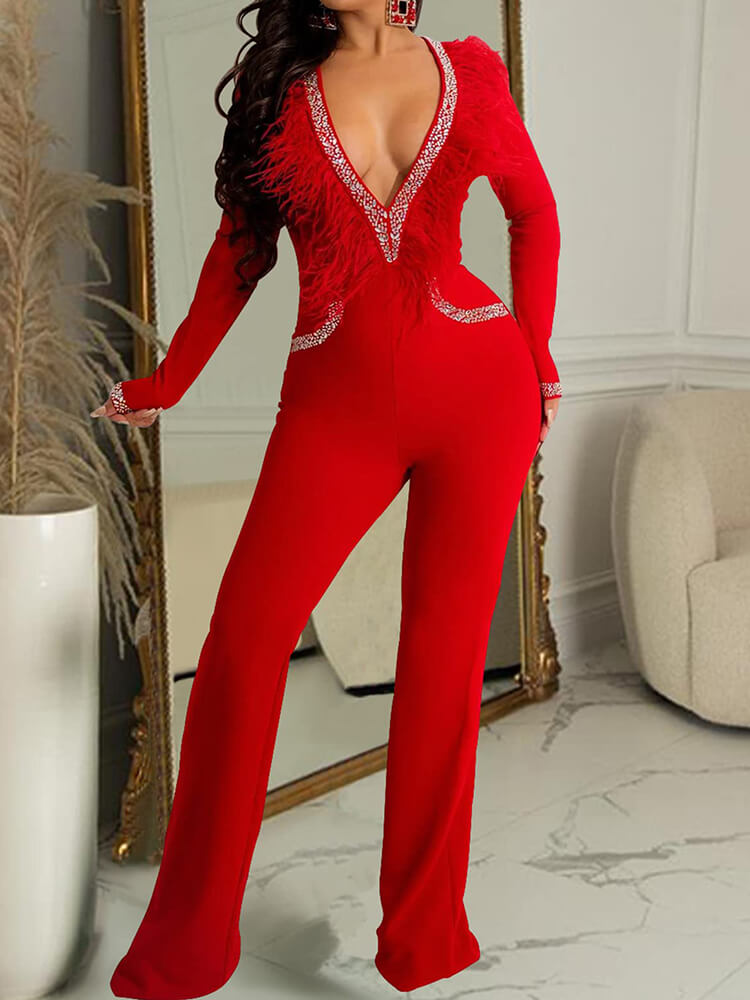 Rhinestone Long Sleeve Tassel Bodycon Jumpsuit