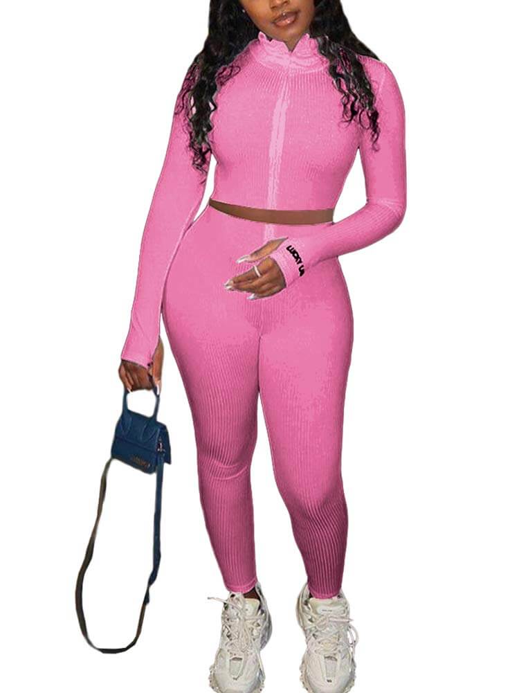 Two Piece Zip Up Tops & Bodycon Long Pants