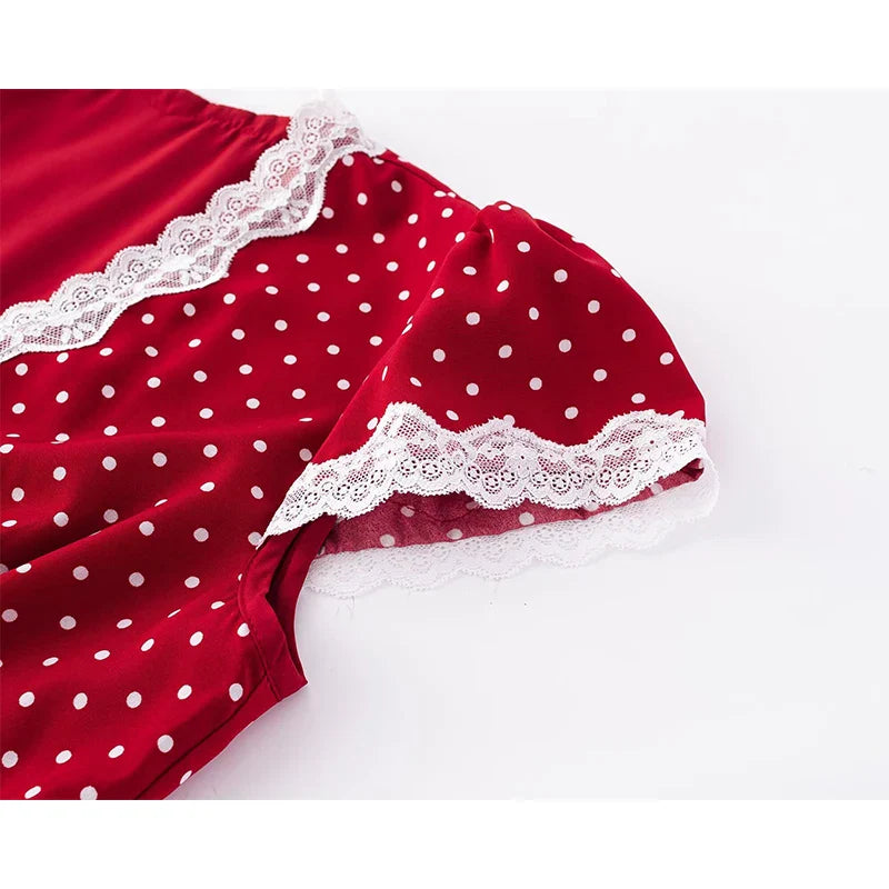 Red Polka Dot Midi Dress - Lace Trim V-Neck Holiday Robe