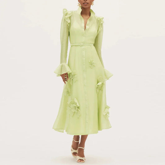 Mesh 3D Flower High Neck Long Sleeves Maxi Dress