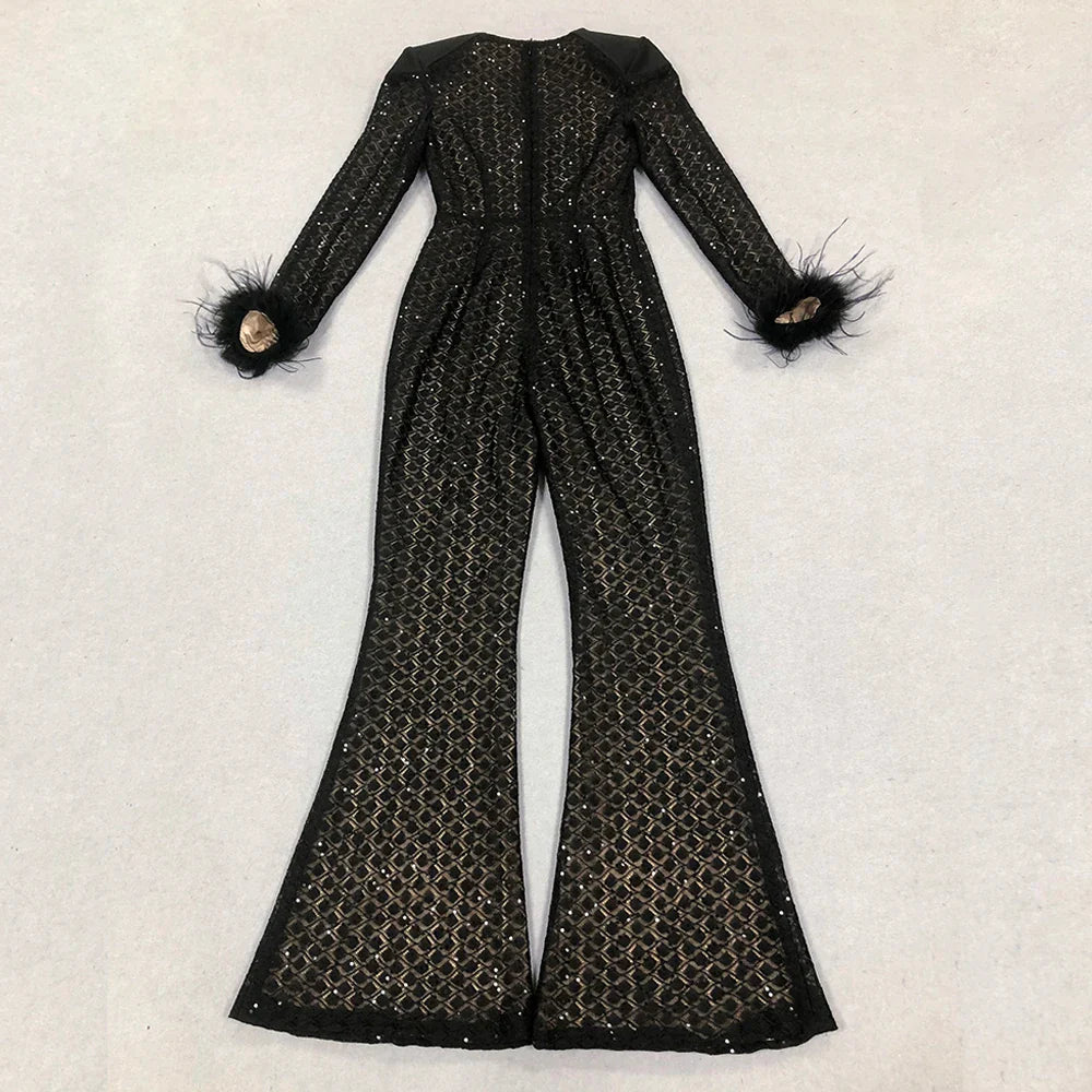 Black Sequin Feather Bodycon Jumpsuit with Belt