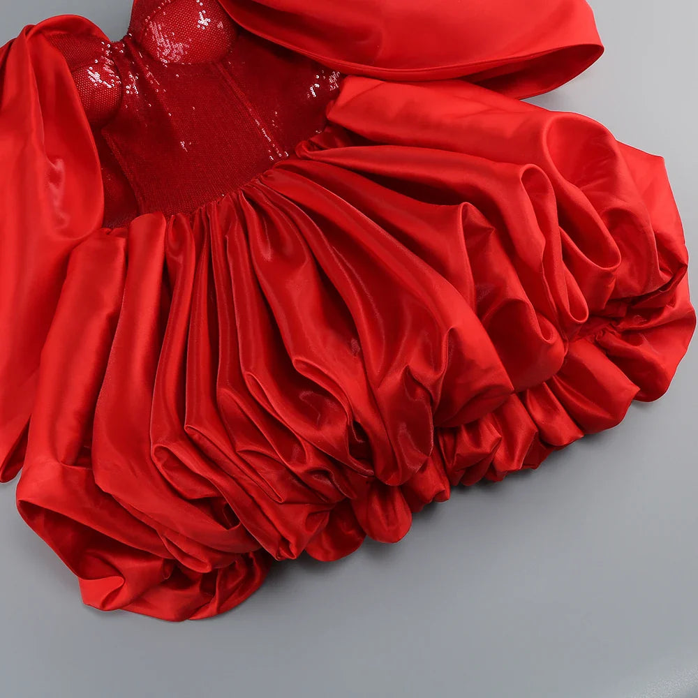 Red Satin Off-Shoulder Puff and Sequin Mini Dress