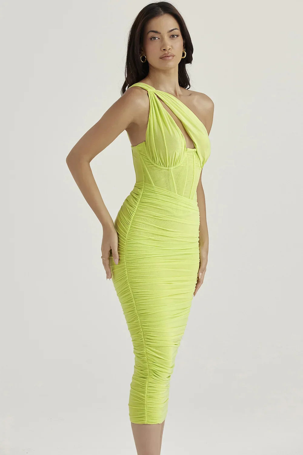 One-Shoulder Ruched Corset Midi Dress