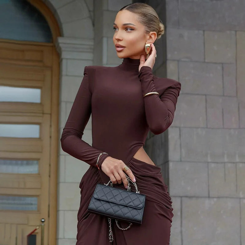 Brown Ruched Turtleneck Gown | Red Carpet Floor-Length Elegance