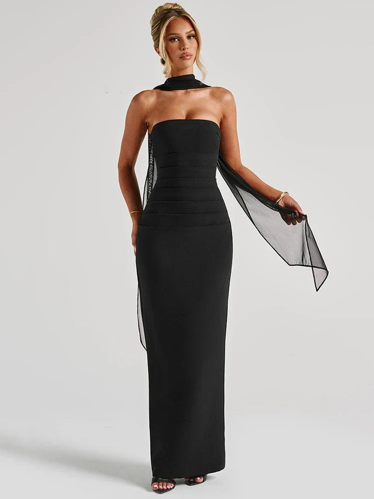Scarf Collar Strapless Maxi Dress - Backless Bodycon Club & Party