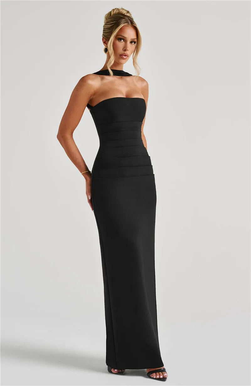 Scarf Collar Strapless Maxi Dress - Backless Bodycon Club & Party