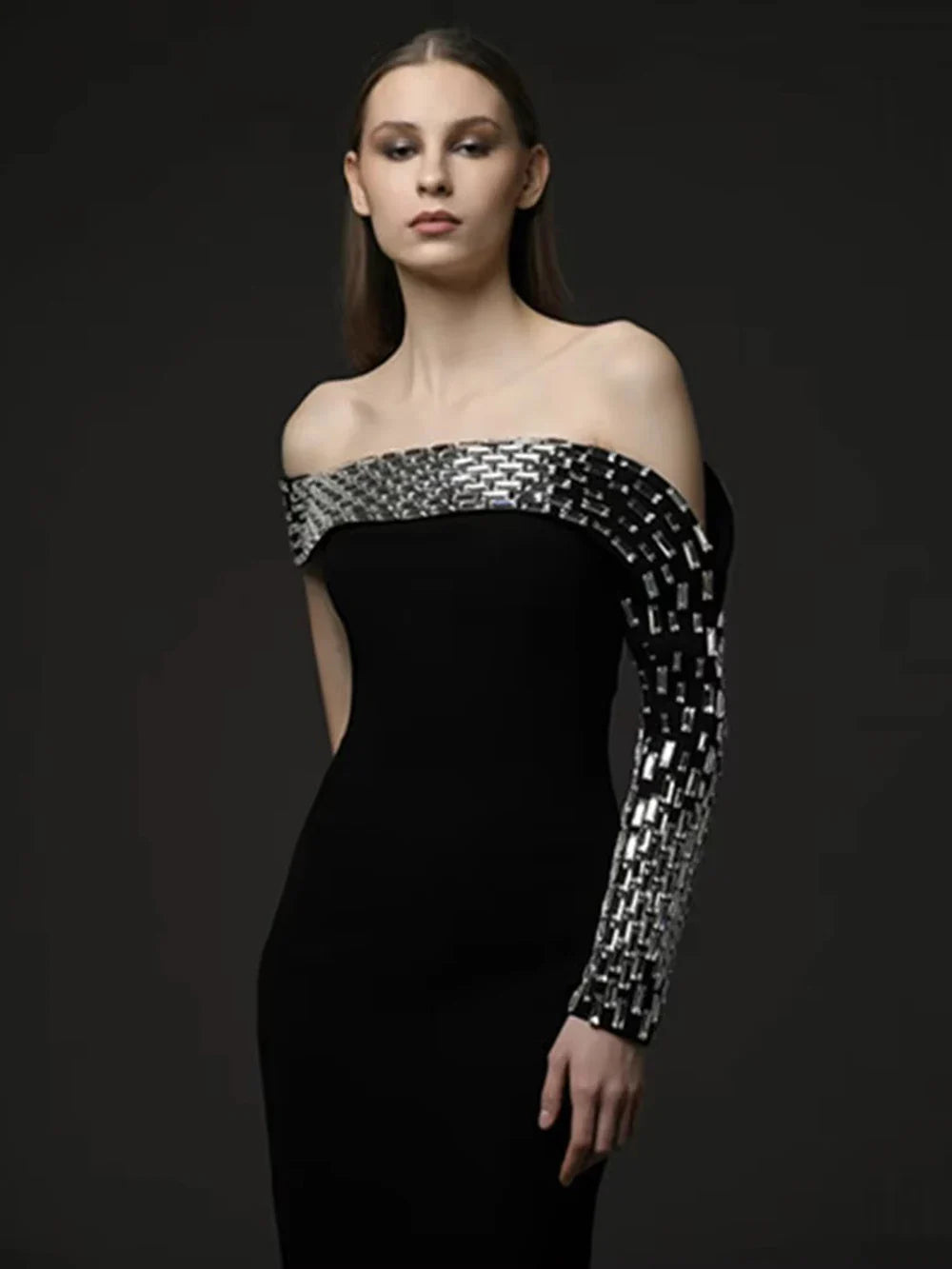 Elegant Crystal Embellished One-Shoulder Sheath Maxi Dress