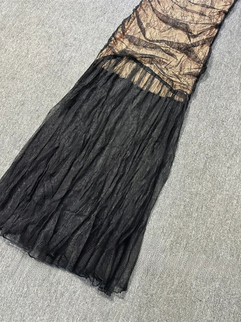 Black Lace Mesh Bodycon Gown with Sheer Overlay