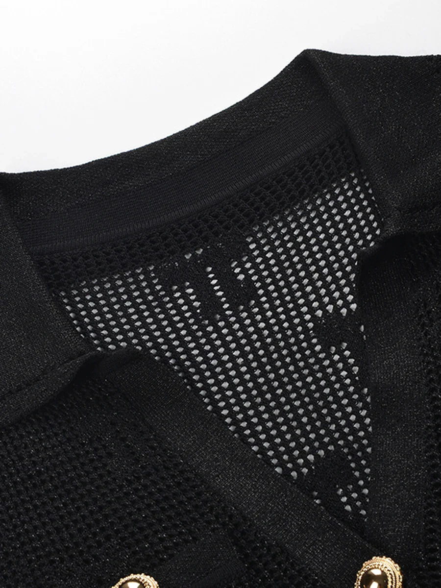 Black Sheer Ruffle Button Midi Dress