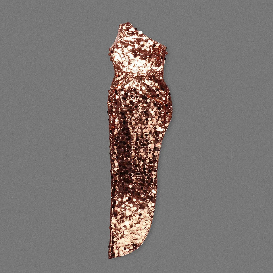 Gold Sequined One-Shoulder Slim Midi Dress