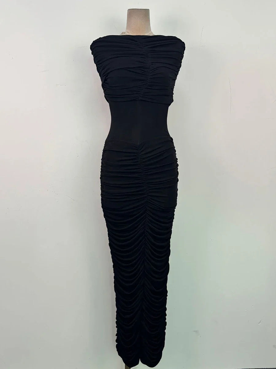 Pleated Cape Long Dress with Sculpted Sheath Silhouette