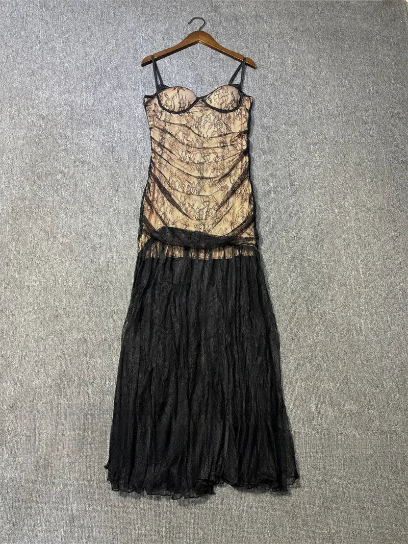 Black Lace Mesh Bodycon Gown with Sheer Overlay