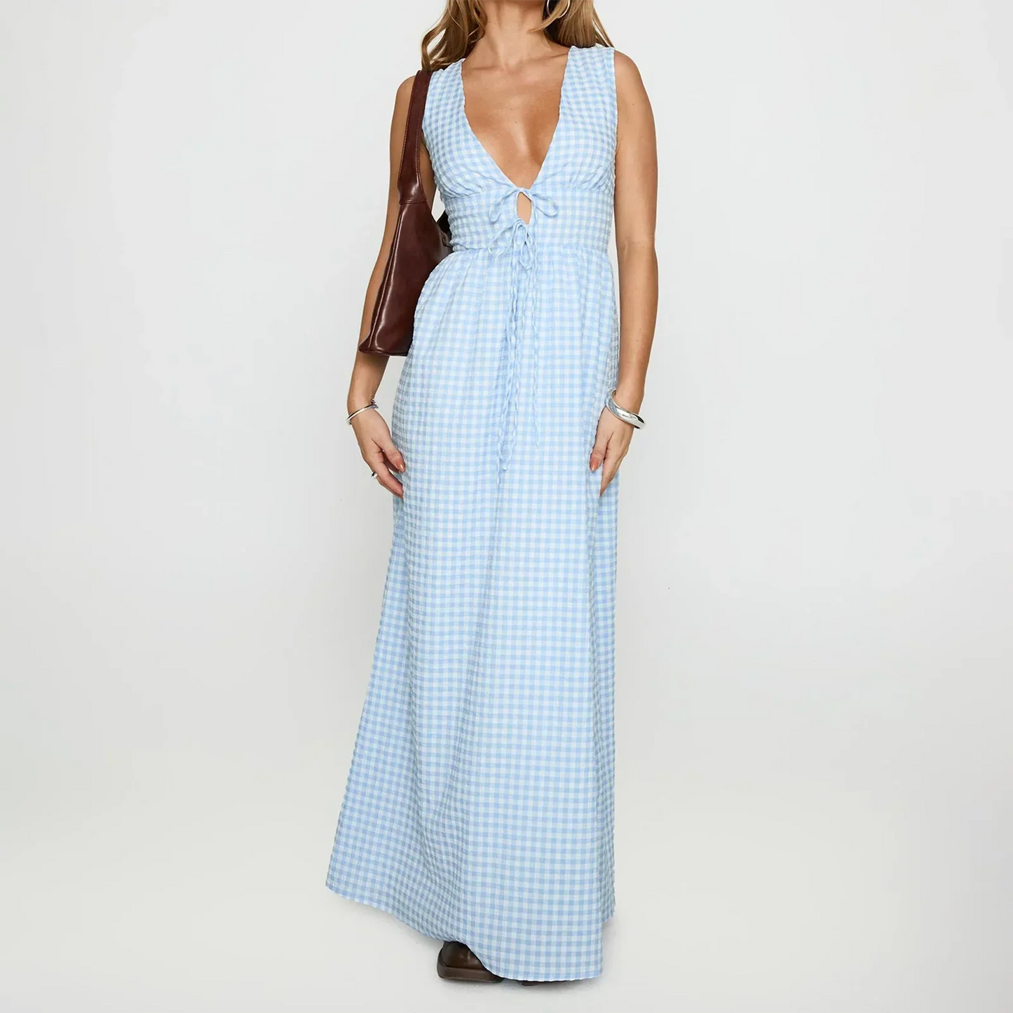 Summer Stripe/Plaid Mini Tank Dress with Tie-up V-Neck