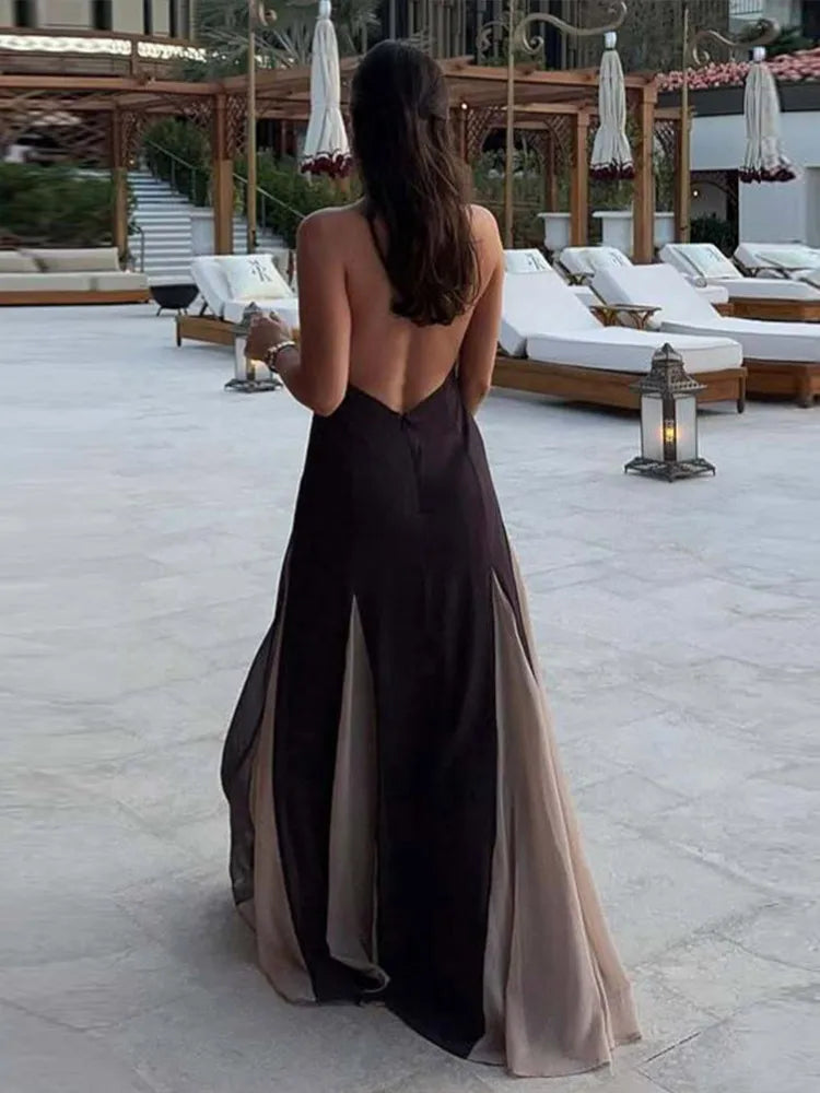 Brown Pleated Patchwork Halter Long Dress