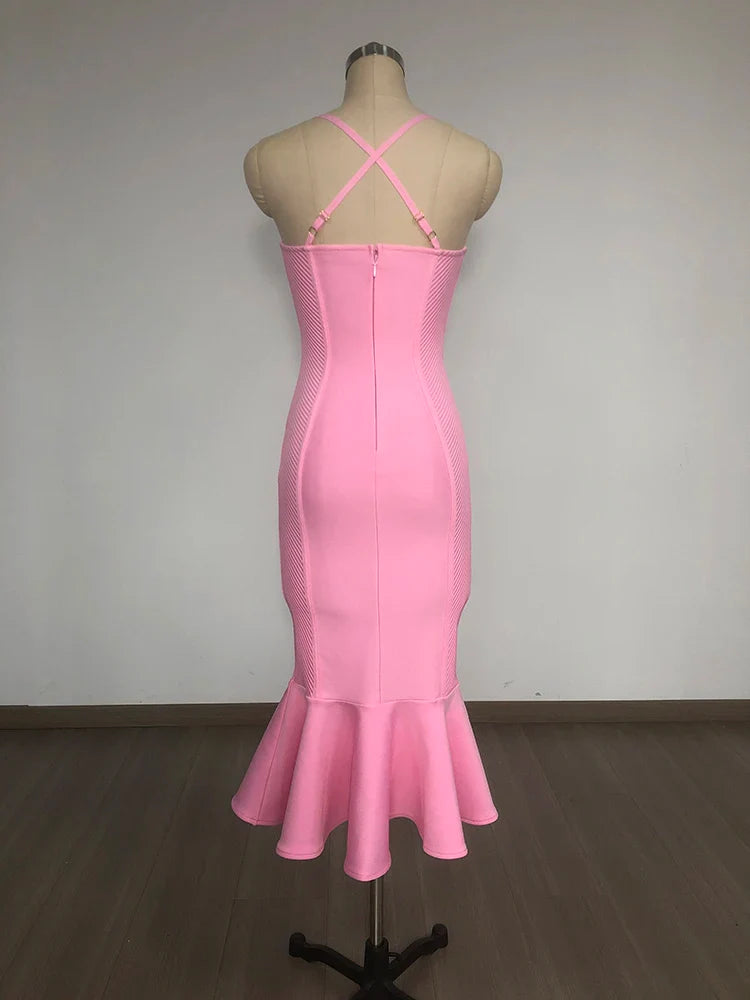 Pink Bandage Ruffle Midi Dress | Sweetheart Spaghetti Strap