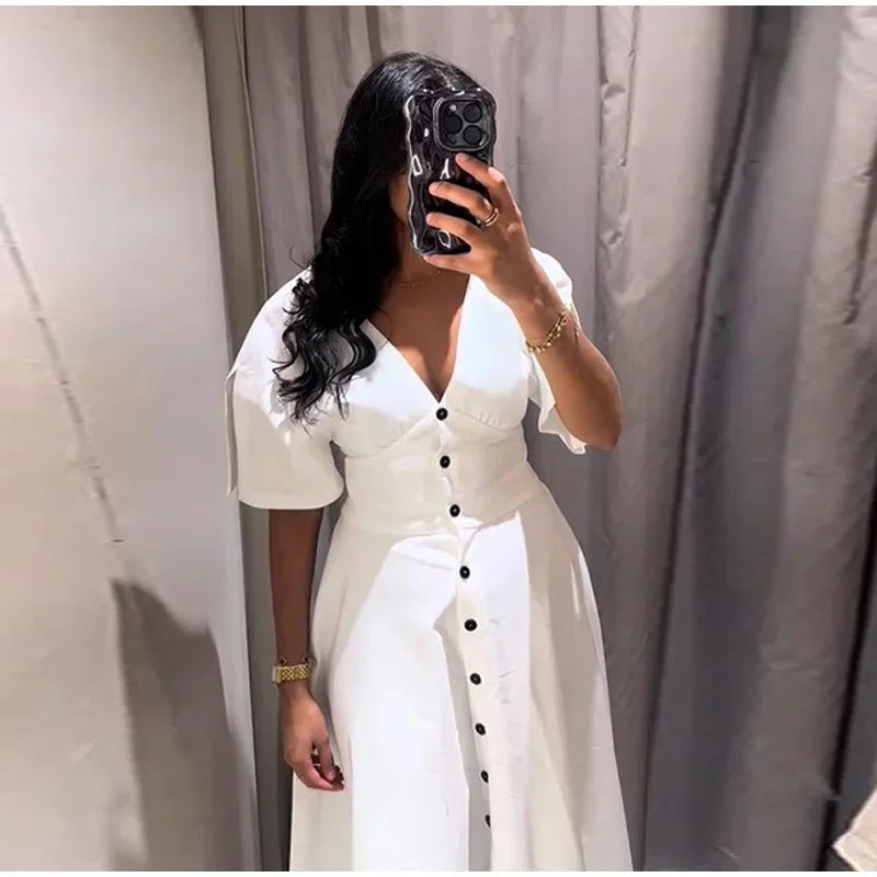 Vibe & Grace A-Line White Dress – V-Neck Empire Waist Midi with Button Front